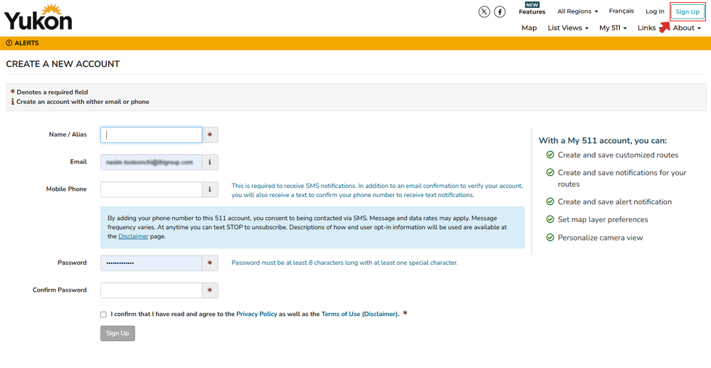 Signing up with 511 Yukon