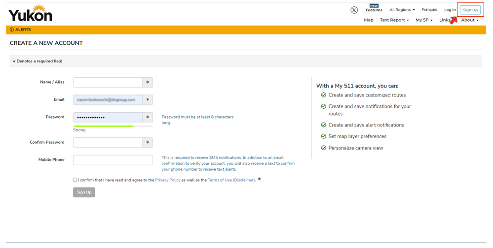 Signing up with 511 Yukon